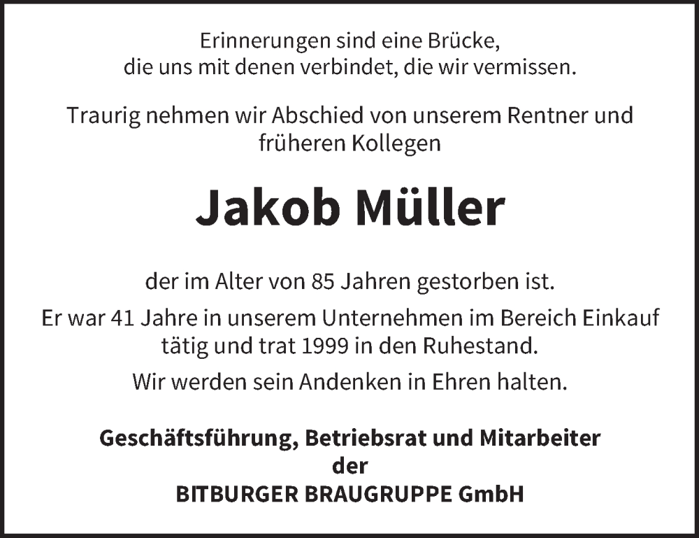 Traueranzeige für Jakob Müller vom 12.11.2025 aus trierischer_volksfreund