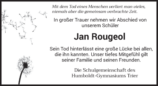 Traueranzeige von Jan Rougeol von trierischer_volksfreund