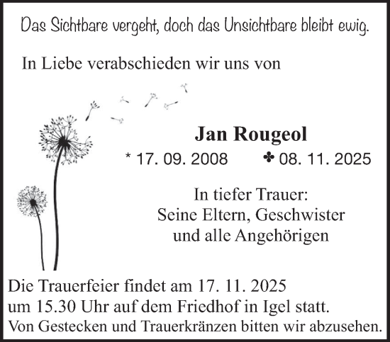 Traueranzeige von Jan Rougeol von trierischer_volksfreund