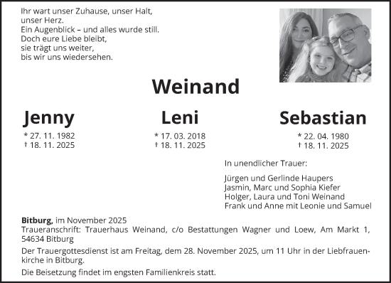 Traueranzeige von Jenny, Leni und Sebastian Weinand von trierischer_volksfreund