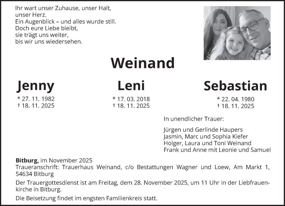  Traueranzeige für Jenny, Leni und Sebastian Weinand vom 25.11.2025 aus trierischer_volksfreund
