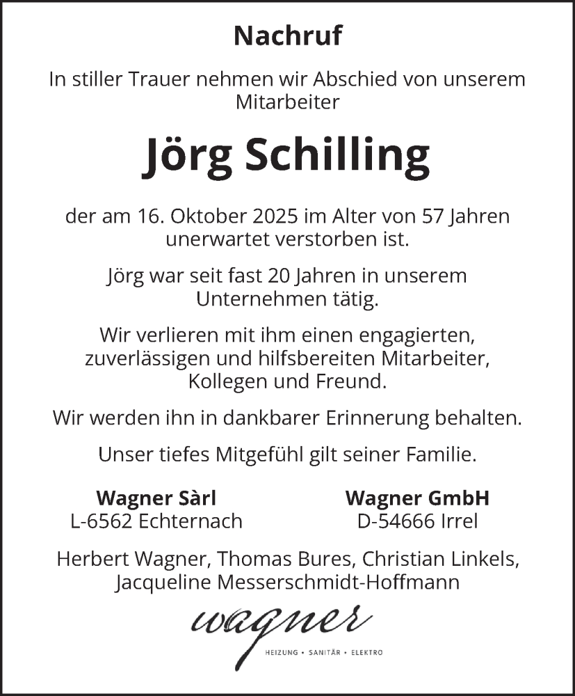  Traueranzeige für Jörg Schilling vom 31.10.2025 aus trierischer_volksfreund