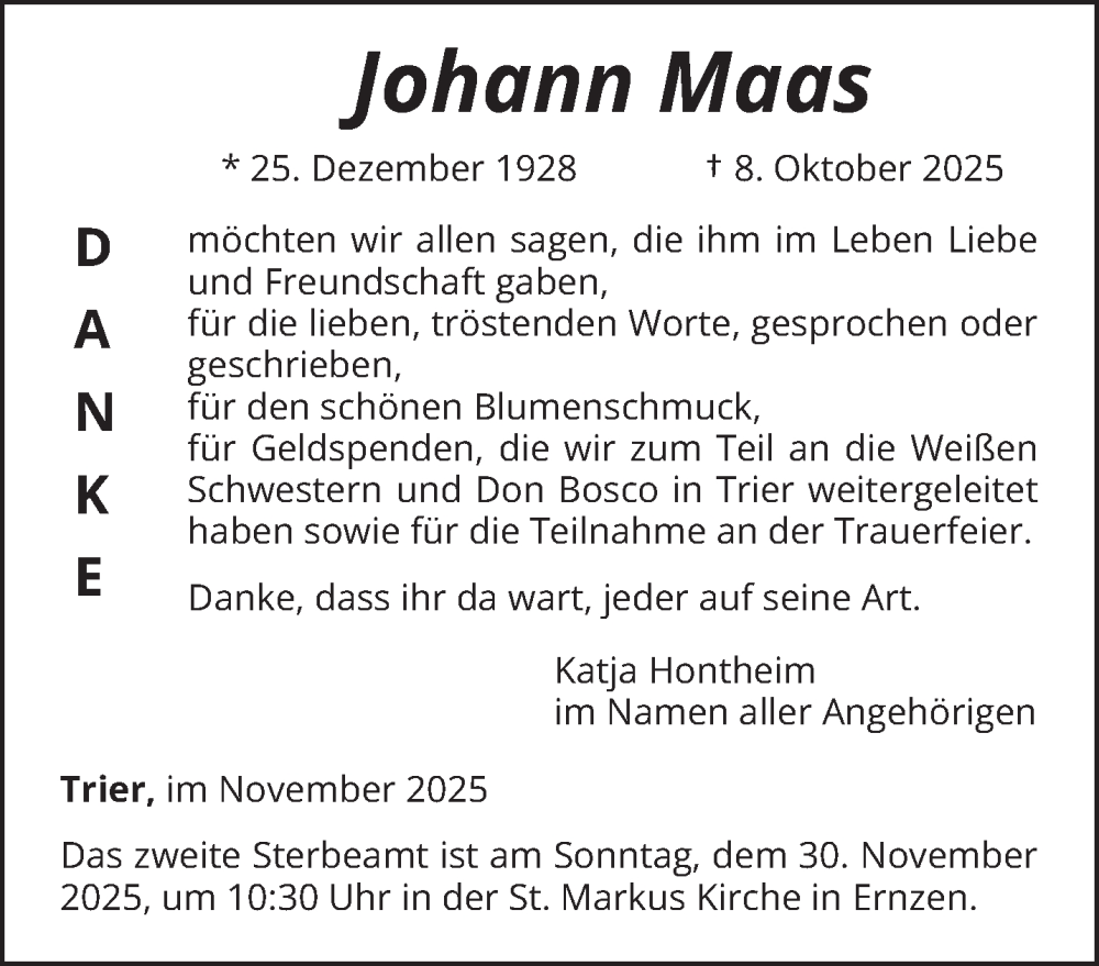  Traueranzeige für Johann Maas vom 22.11.2025 aus trierischer_volksfreund