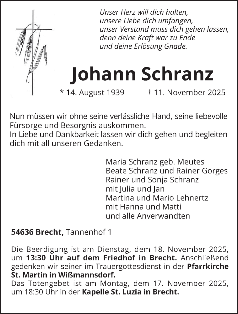  Traueranzeige für Johann Schranz vom 13.11.2025 aus trierischer_volksfreund