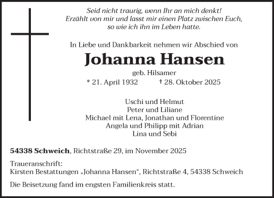 Traueranzeige von Johanna Hansen von trierischer_volksfreund