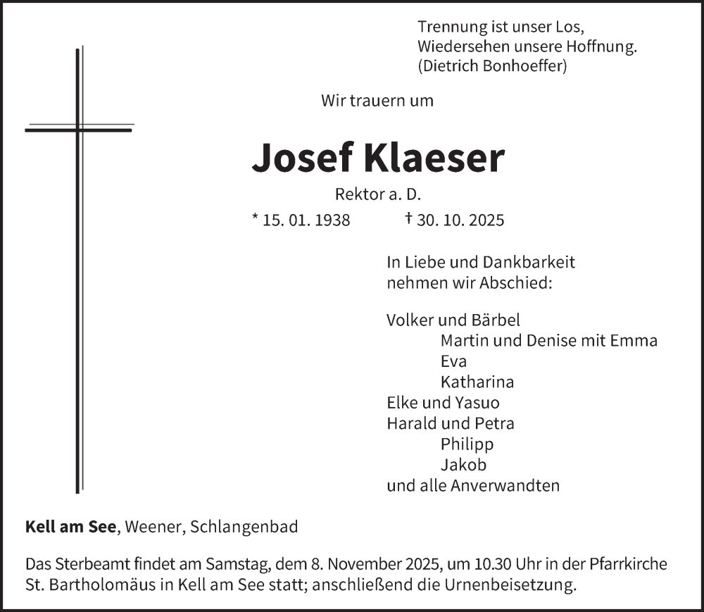  Traueranzeige für Josef Klaeser vom 05.11.2025 aus trierischer_volksfreund