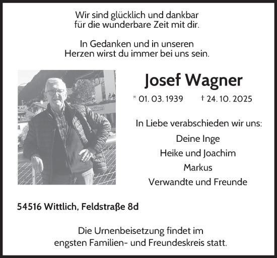 Traueranzeige von Josef Wagner von trierischer_volksfreund