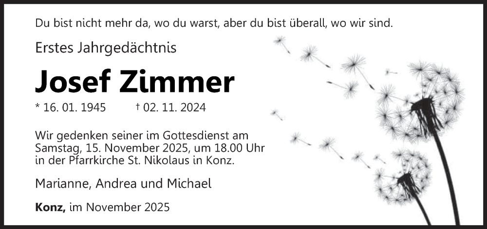  Traueranzeige für Josef Zimmer vom 08.11.2025 aus trierischer_volksfreund