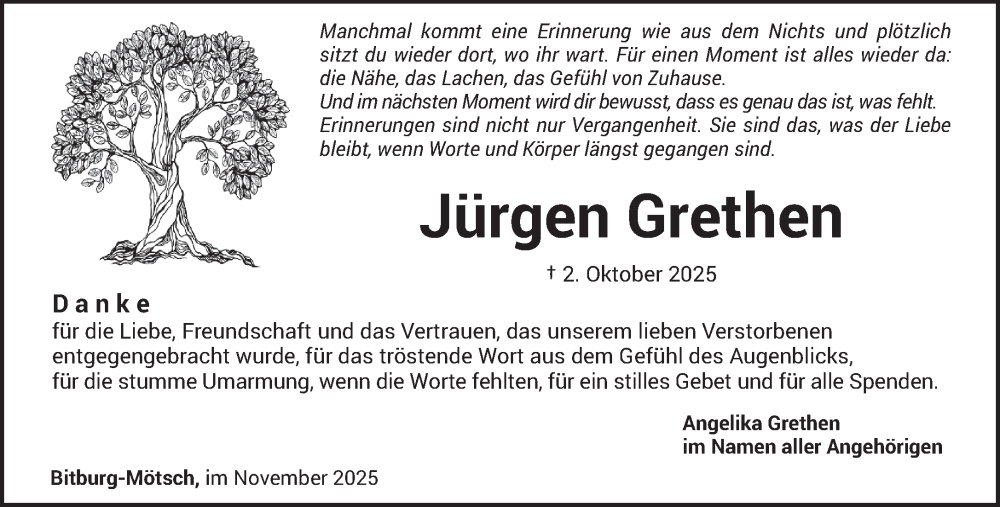  Traueranzeige für Jürgen Grethen vom 08.11.2025 aus trierischer_volksfreund