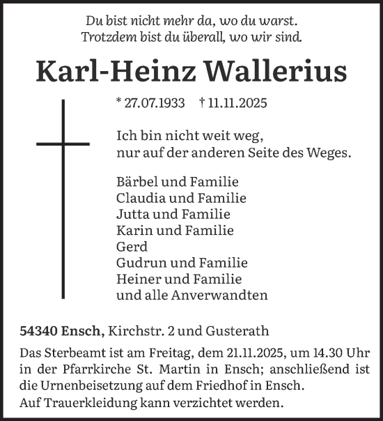 Traueranzeige von Karl-Heinz Wallerius von trierischer_volksfreund