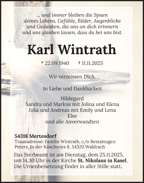 Traueranzeige von Karl Wintrath von trierischer_volksfreund
