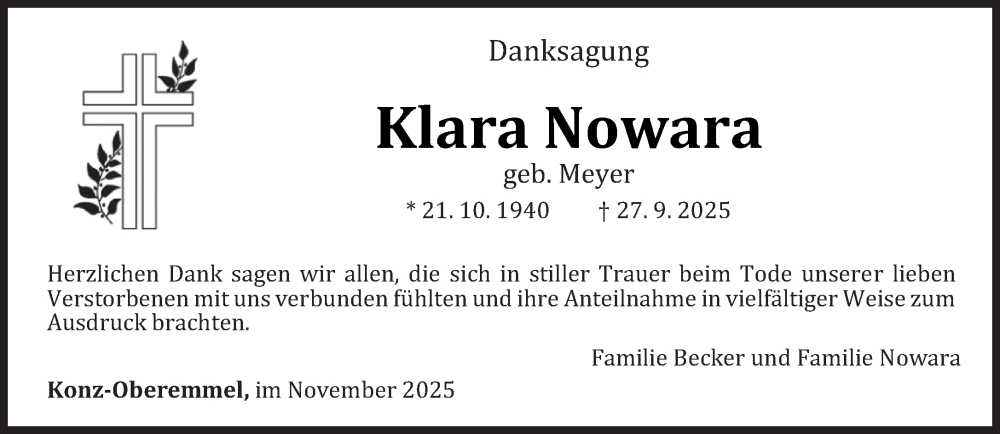  Traueranzeige für Klara Nowara vom 08.11.2025 aus trierischer_volksfreund