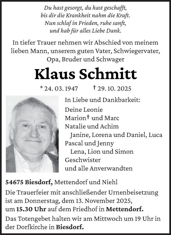 Traueranzeige von Klaus Schmitt von trierischer_volksfreund