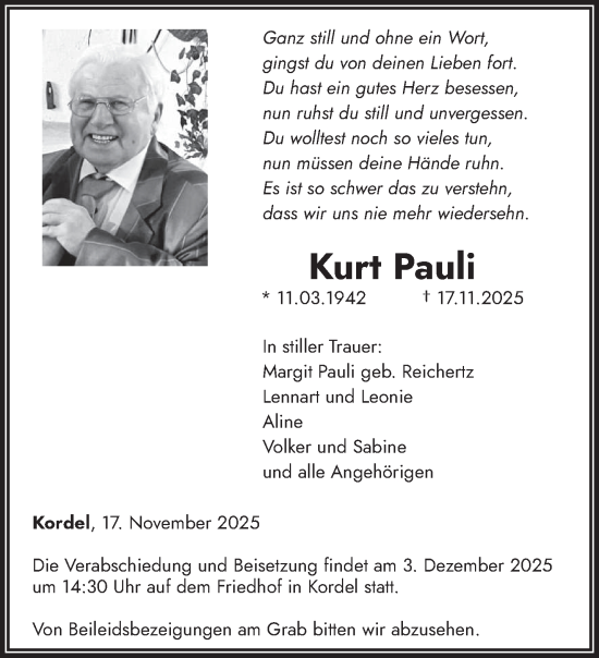 Traueranzeige von Kurt Pauli von trierischer_volksfreund