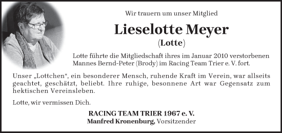 Traueranzeige von Lieselotte Meyer von trierischer_volksfreund