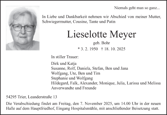Traueranzeige von Lieselotte Meyer von trierischer_volksfreund