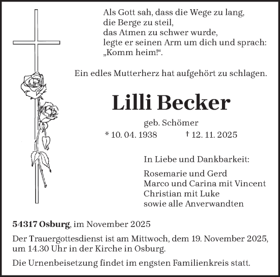 Traueranzeige von Lilli Becker von trierischer_volksfreund