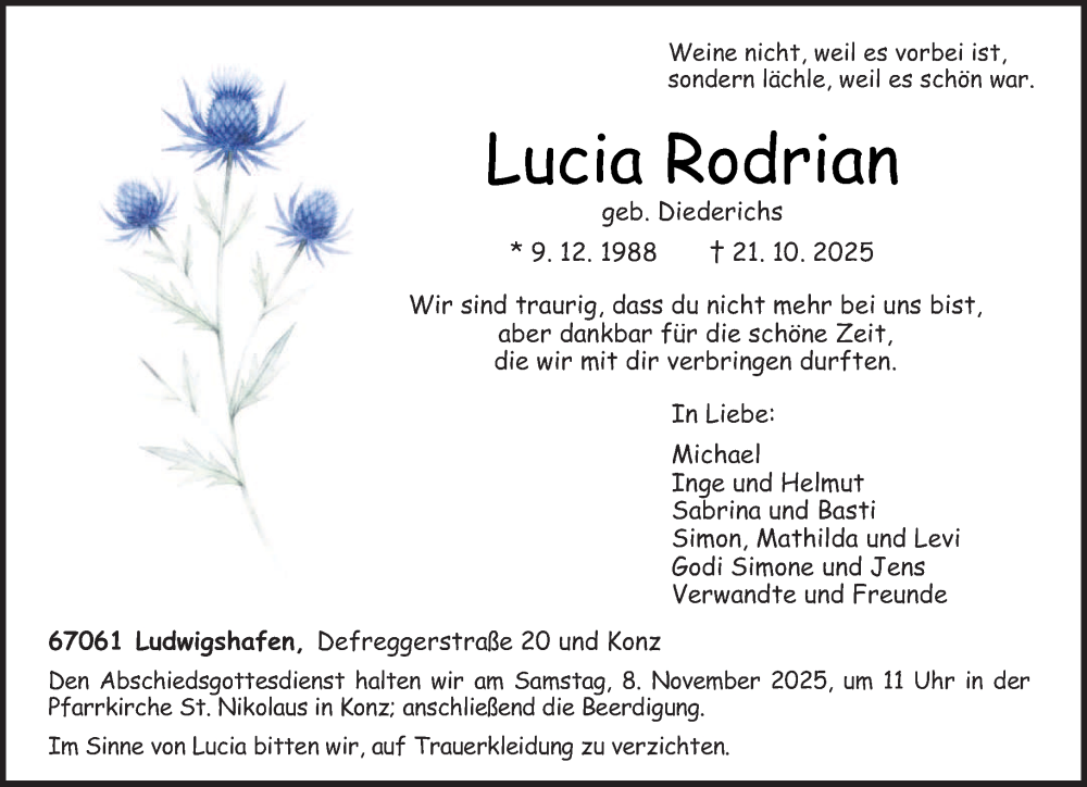  Traueranzeige für Lucia Rodrian vom 31.10.2025 aus trierischer_volksfreund