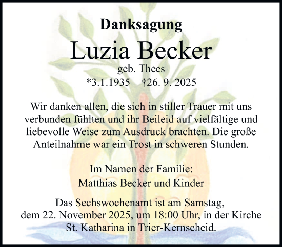 Traueranzeige von Luzia Becker von trierischer_volksfreund