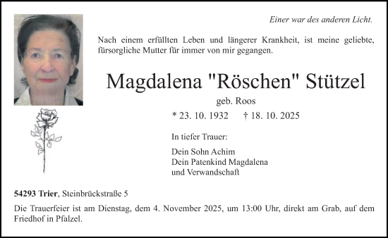 Traueranzeige von Magdalena Stützel von trierischer_volksfreund