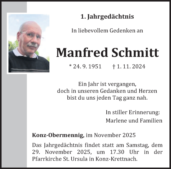 Traueranzeige von Manfred Schmitt von trierischer_volksfreund