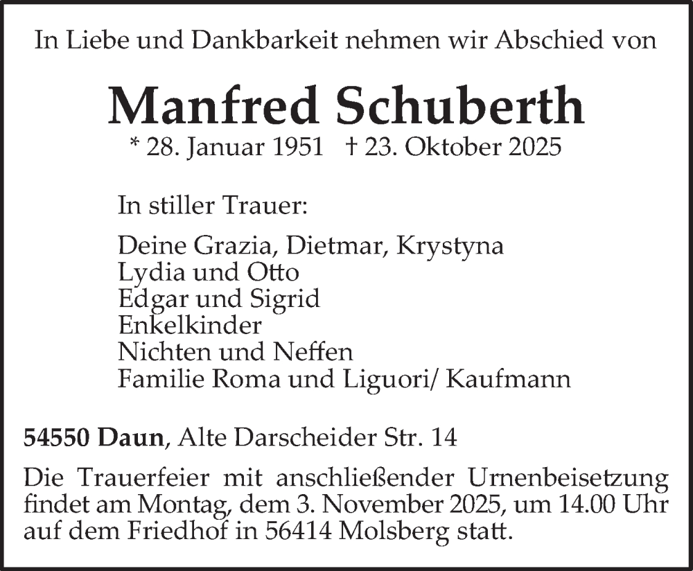  Traueranzeige für Manfred Schuberth vom 31.10.2025 aus trierischer_volksfreund