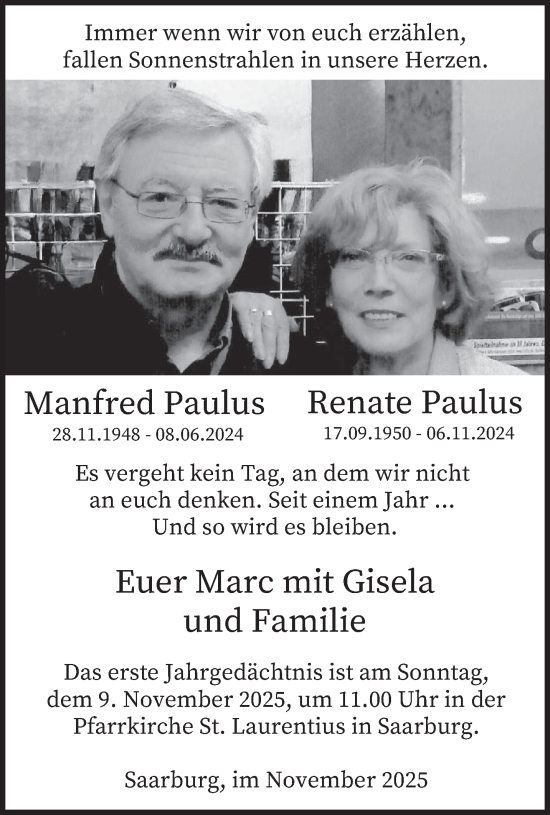 Traueranzeige von Manfred und Renate Paulus von trierischer_volksfreund
