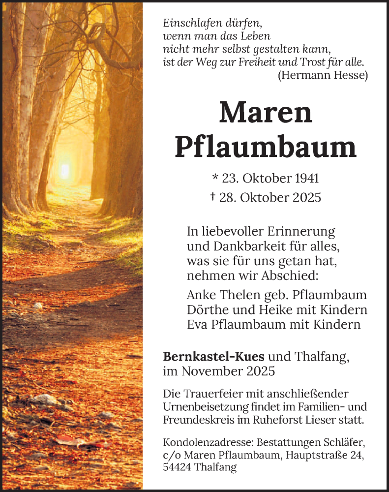  Traueranzeige für Maren Pflaumbaum vom 15.11.2025 aus trierischer_volksfreund