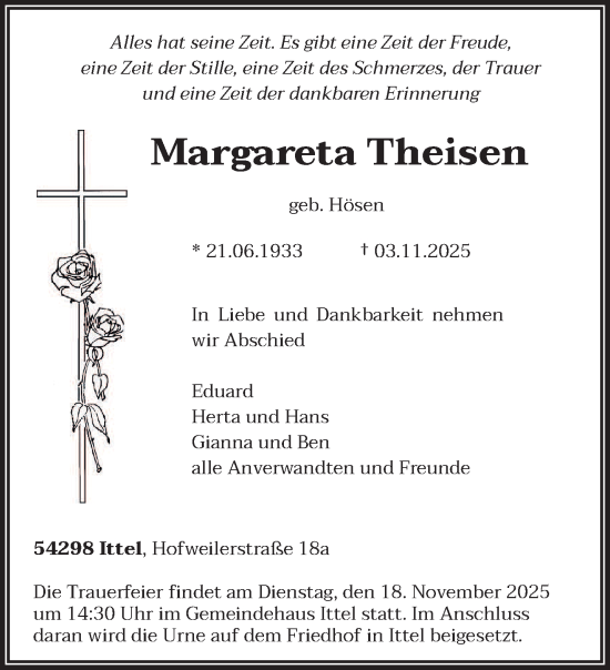 Traueranzeige von Margareta Theisen von trierischer_volksfreund