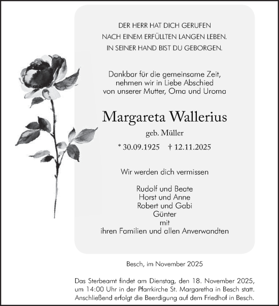 Traueranzeige von Margareta Wallerius von trierischer_volksfreund