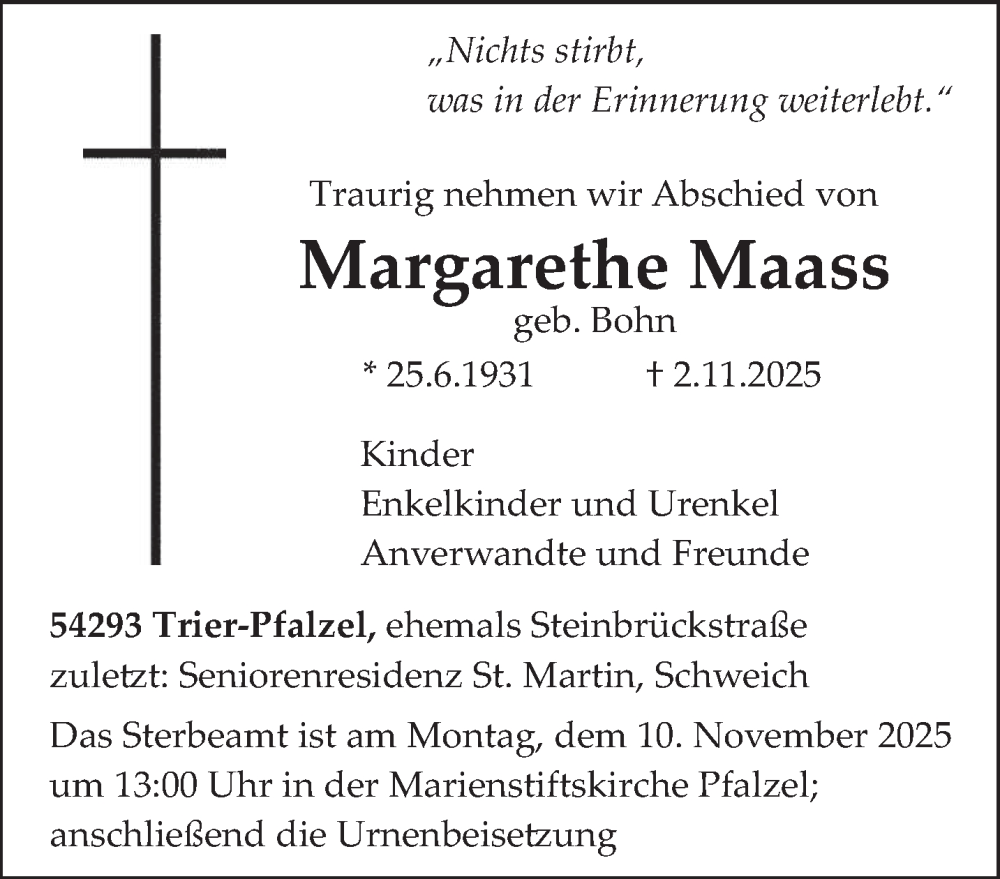  Traueranzeige für Margarethe Maass vom 08.11.2025 aus trierischer_volksfreund