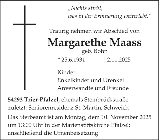 Traueranzeige von Margarethe Maass von trierischer_volksfreund