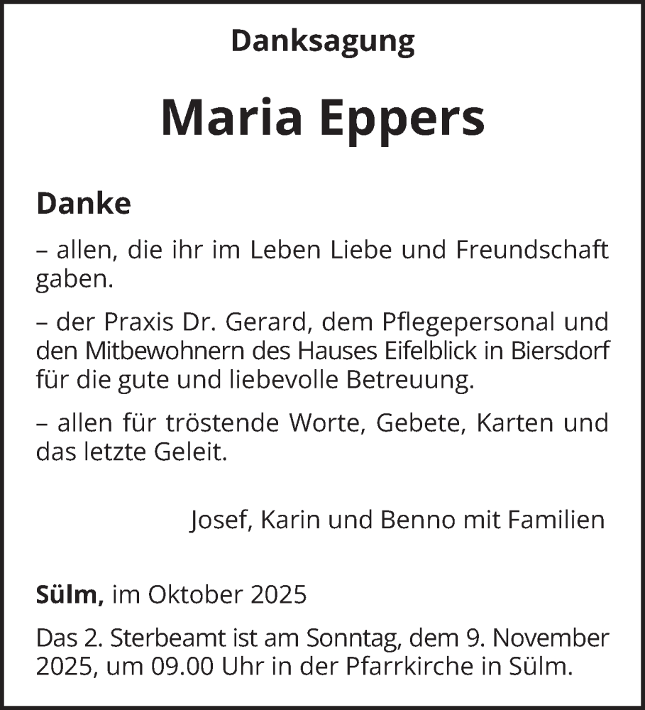  Traueranzeige für Maria Eppers vom 31.10.2025 aus trierischer_volksfreund