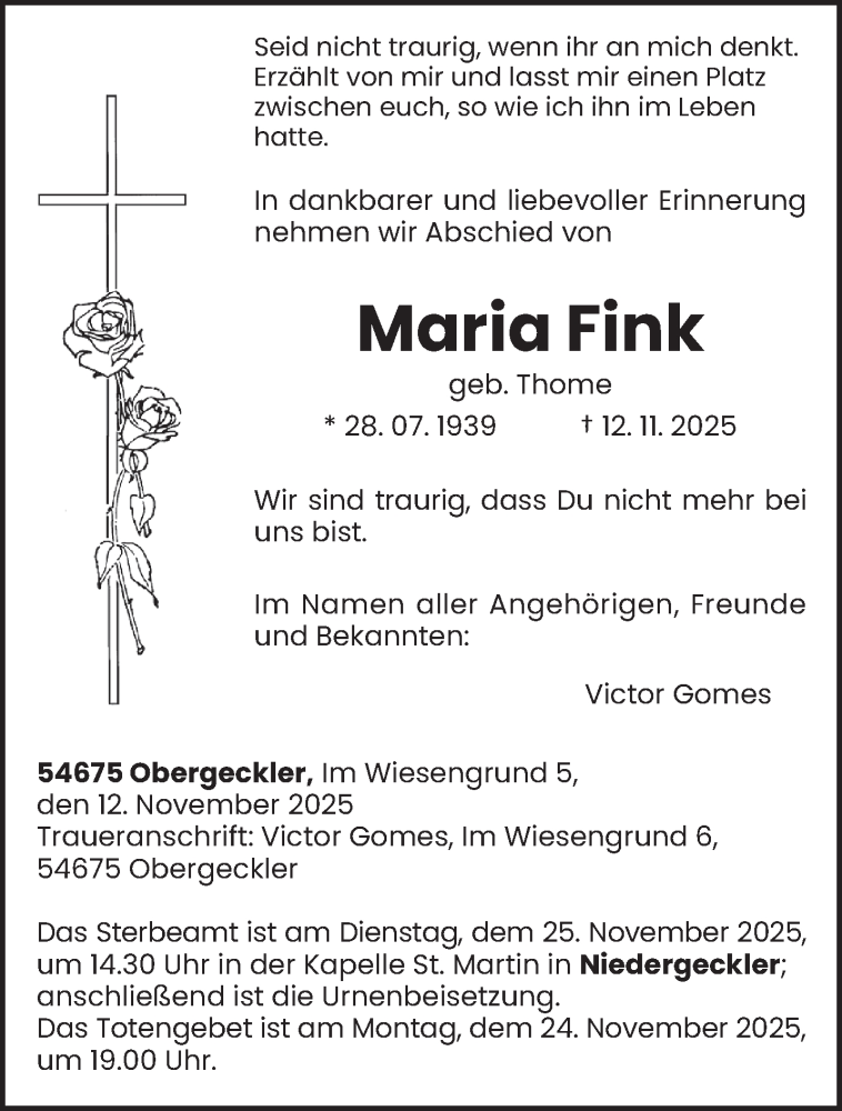  Traueranzeige für Maria Fink vom 22.11.2025 aus trierischer_volksfreund