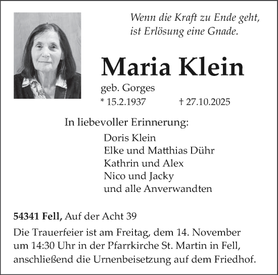 Traueranzeige von Maria Klein von trierischer_volksfreund