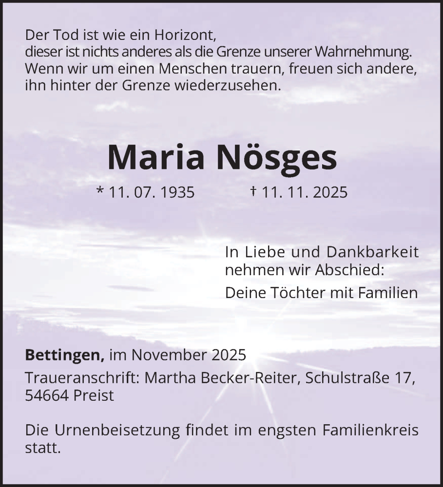  Traueranzeige für Maria Nösges vom 22.11.2025 aus trierischer_volksfreund
