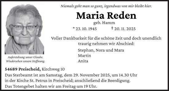 Traueranzeige von Maria Reden von trierischer_volksfreund