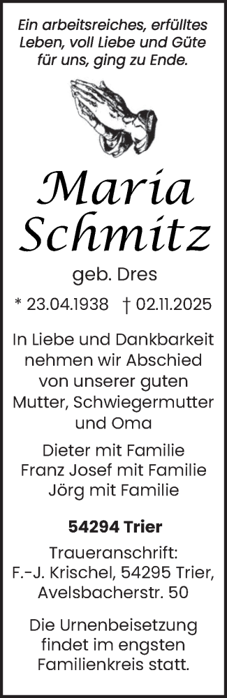  Traueranzeige für Maria Schmitz vom 08.11.2025 aus trierischer_volksfreund