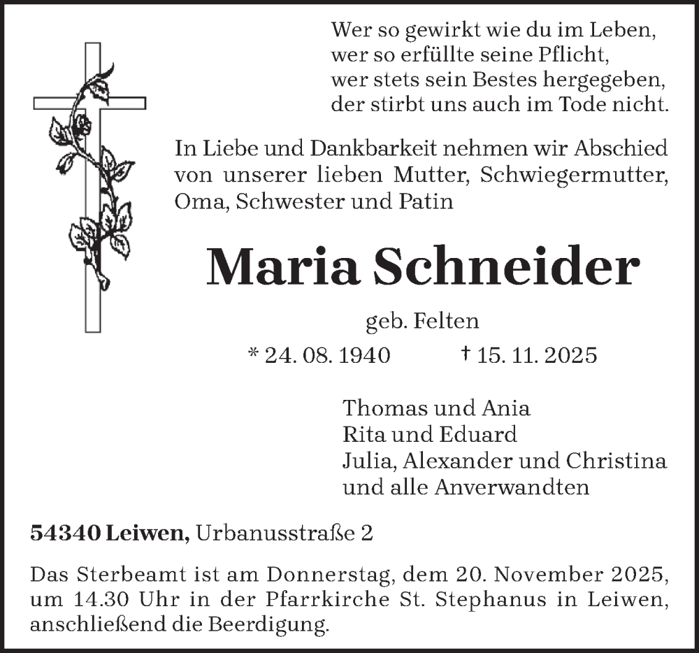  Traueranzeige für Maria Schneider vom 18.11.2025 aus trierischer_volksfreund