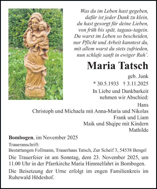 Traueranzeige von Maria Tatsch von trierischer_volksfreund