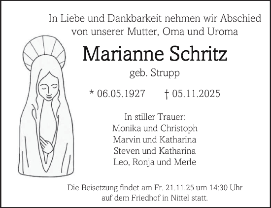 Traueranzeige von Marianne Schritz von trierischer_volksfreund