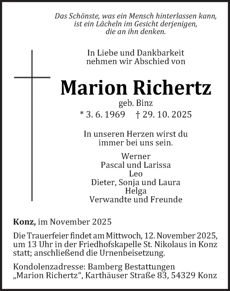  Traueranzeige für Marion Richertz vom 08.11.2025 aus trierischer_volksfreund