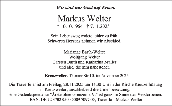Traueranzeige von Markus Welter von trierischer_volksfreund