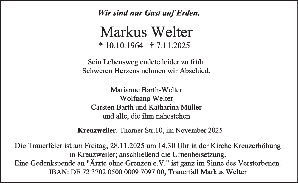  Traueranzeige für Markus Welter vom 22.11.2025 aus trierischer_volksfreund