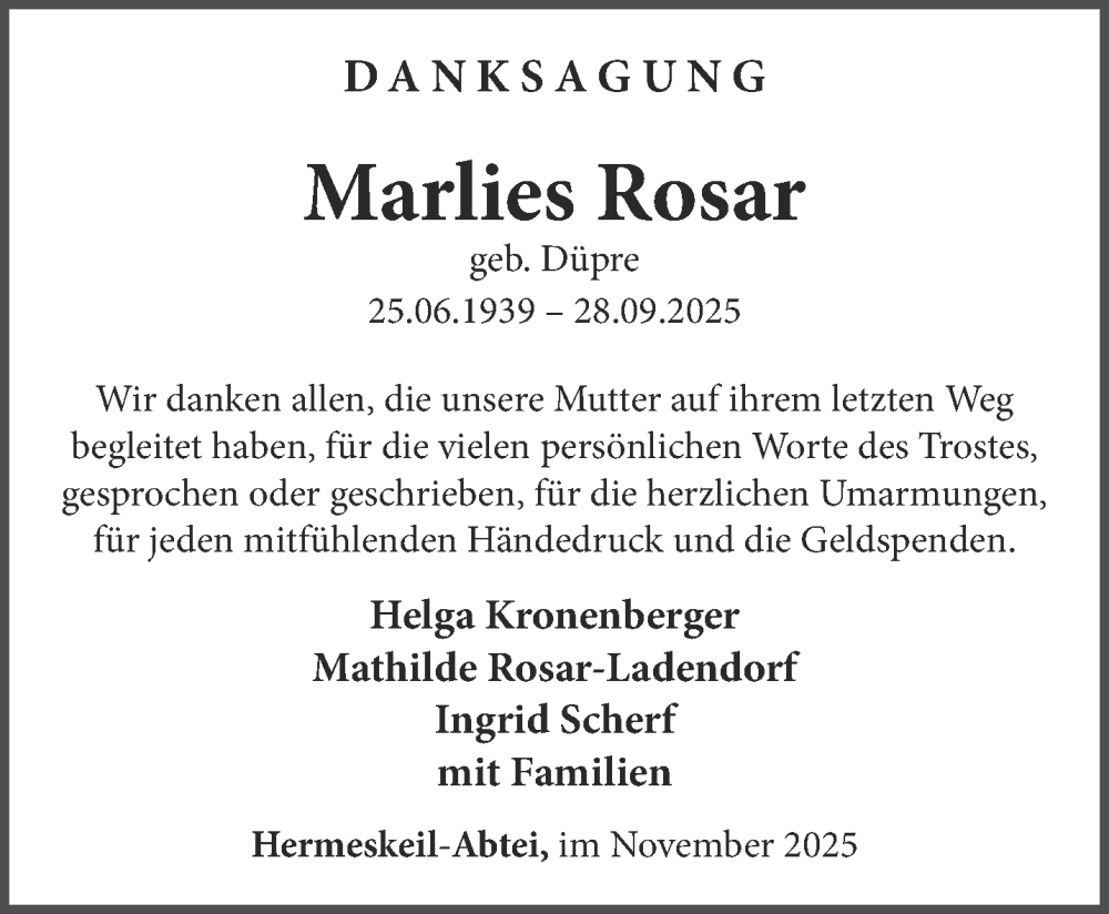  Traueranzeige für Marlies Rosar vom 08.11.2025 aus trierischer_volksfreund