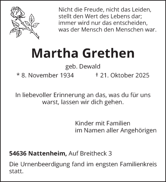 Traueranzeige von Martha Grethen von trierischer_volksfreund
