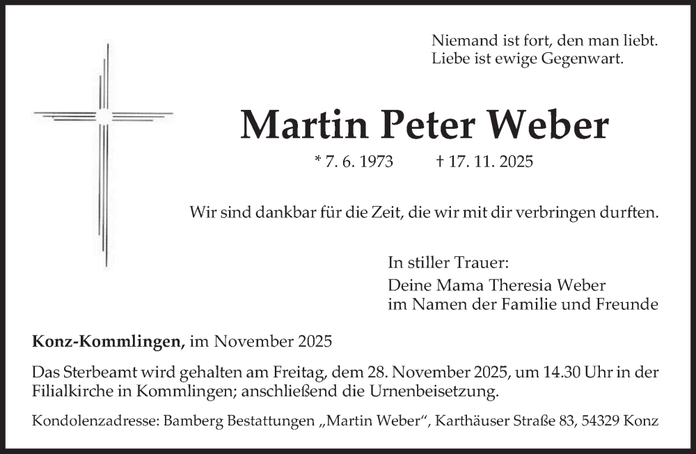  Traueranzeige für Martin Peter Weber vom 22.11.2025 aus trierischer_volksfreund