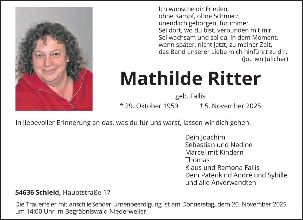  Traueranzeige für Mathilde Ritter vom 08.11.2025 aus trierischer_volksfreund