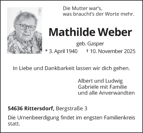 Traueranzeige von Mathilde Weber von trierischer_volksfreund
