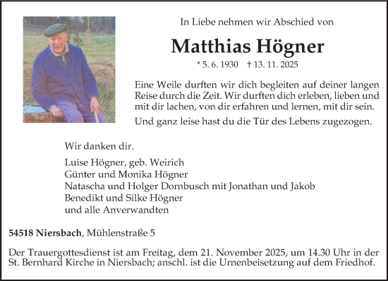 Traueranzeige von Matthias Högner von trierischer_volksfreund